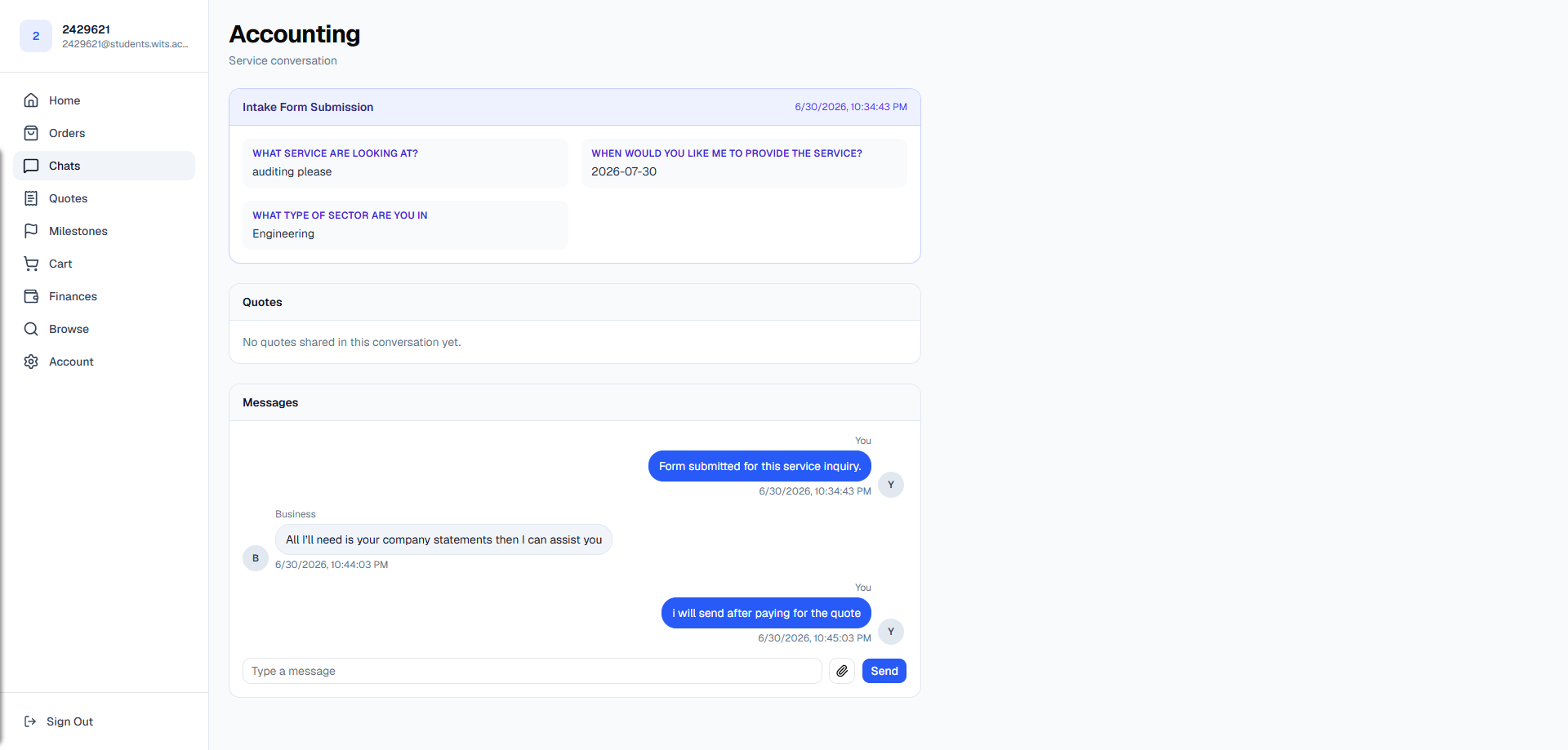 An active conversation before a quote has been sent.
